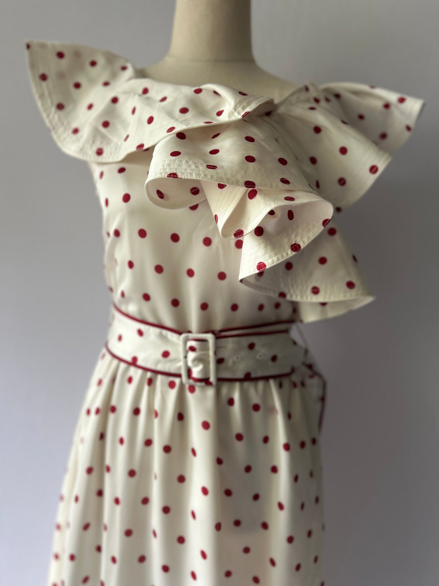 Satin Polka Dot One-Shoulder Ruffle Dress | Cream & Burgundy | UK 8, new with tag