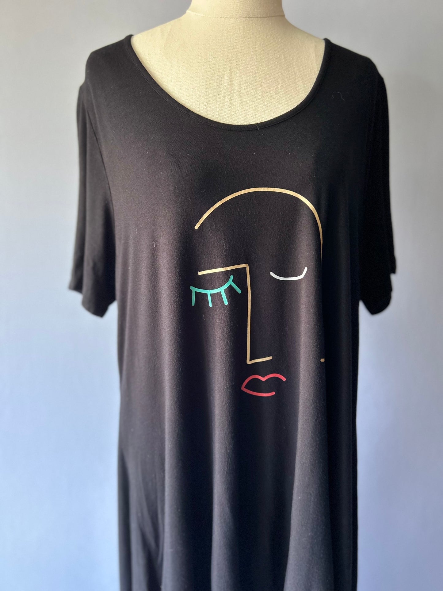 Black Bamboo Viscose Dress with Face Print – Size XS