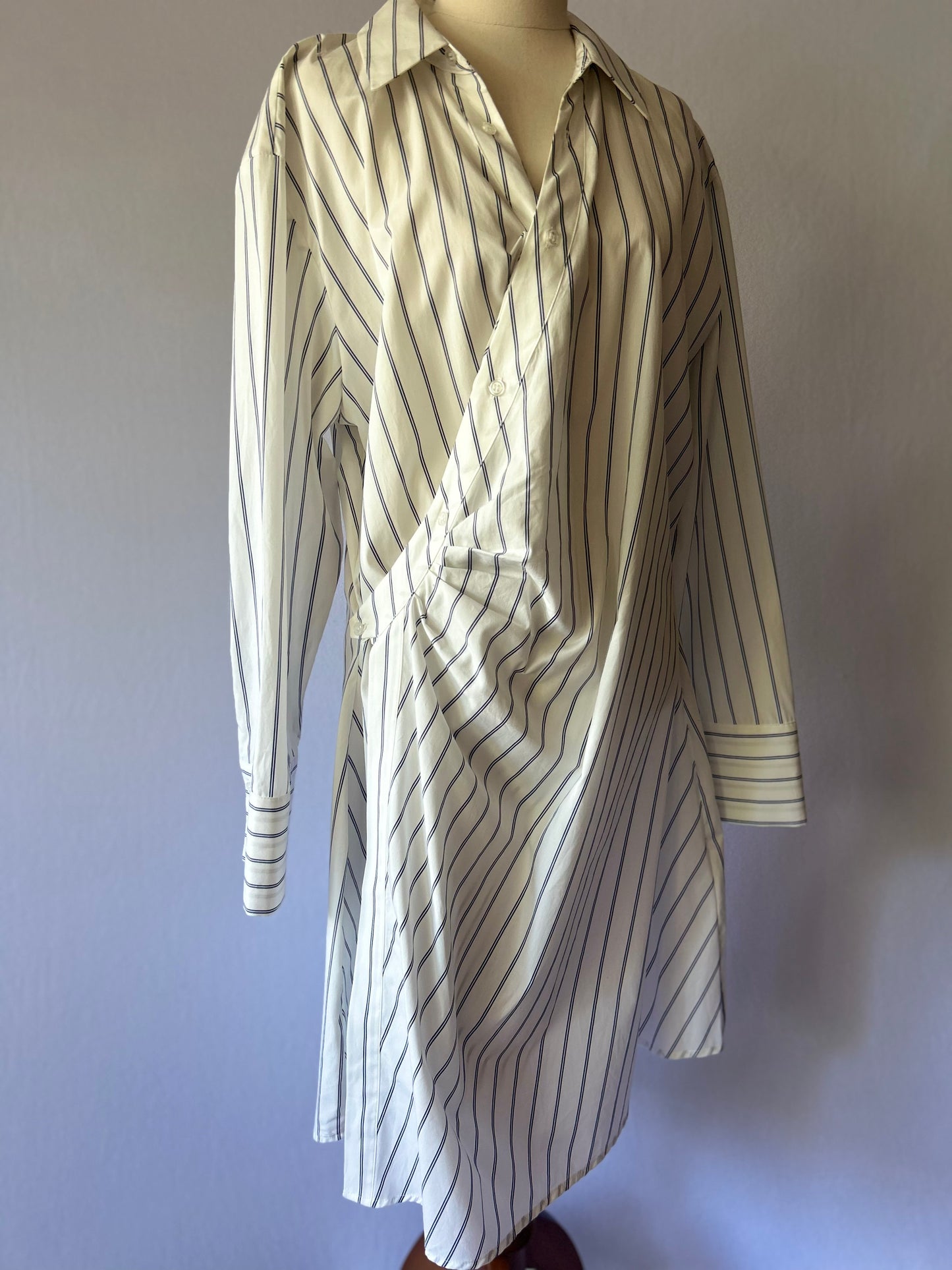 Striped White & Navy Gathered Wrap Style Shirt Dress - Size 14 (100% Cotton)