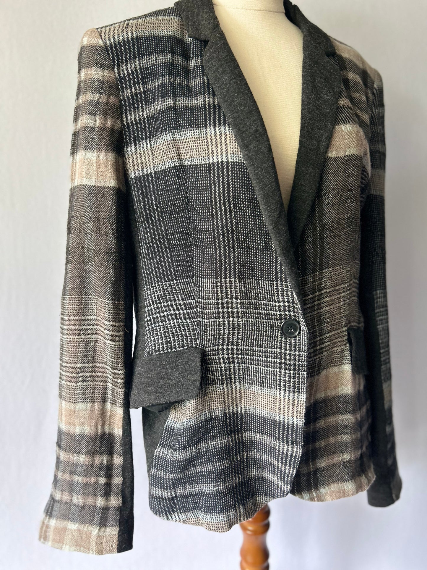 Zara Mixed-Fabric Plaid Tailored Blazer - Size XL