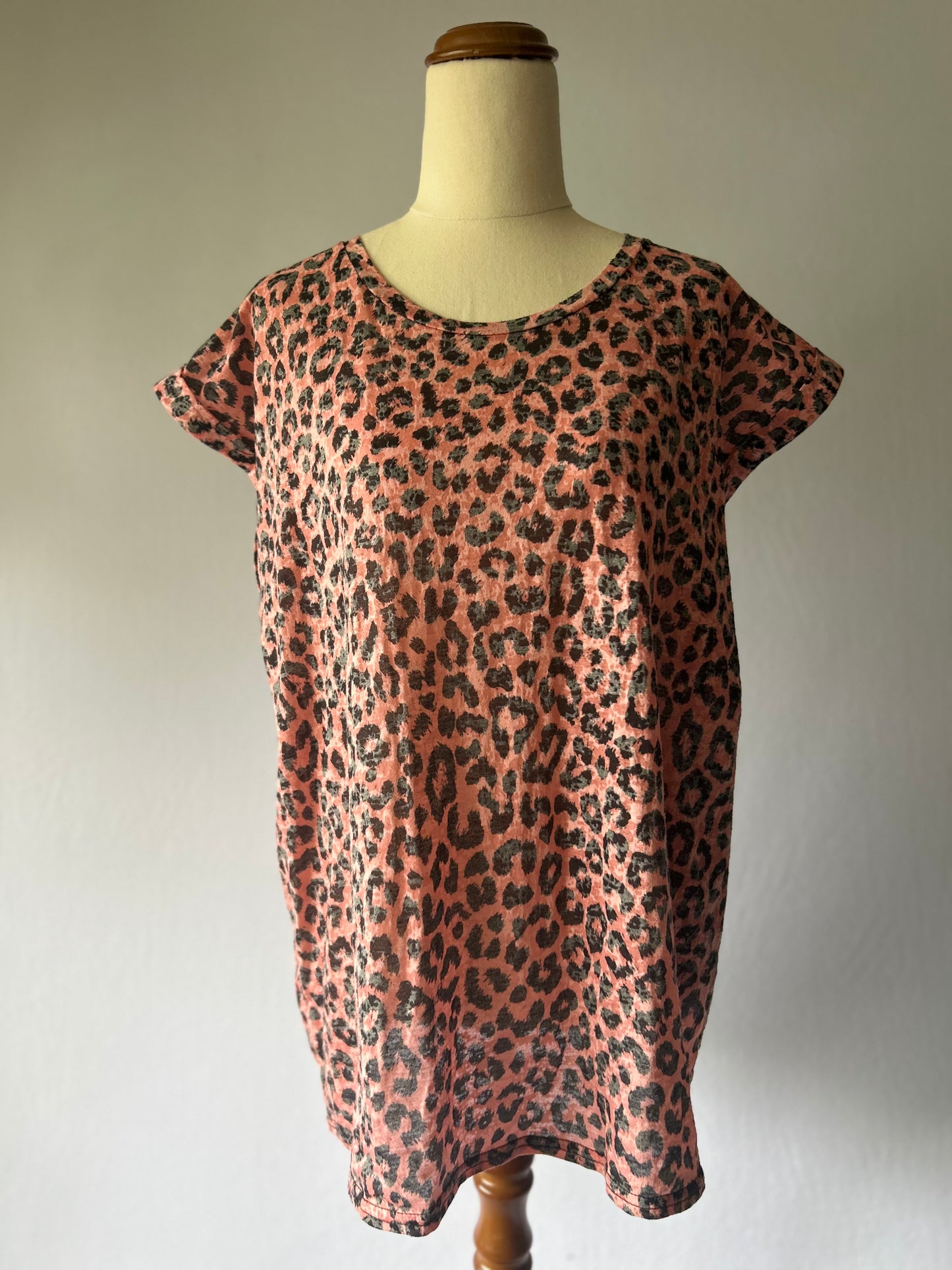 Black & Pink Leopard Print T-Shirt – Size 14, Polyester Viscose Blend