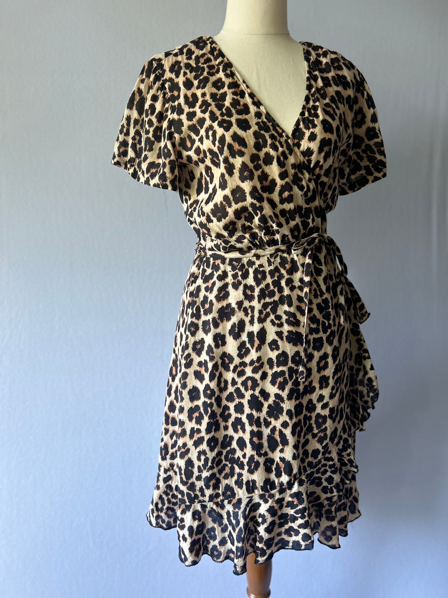 Romantic Leopard Print Wrap Dress with Ruffle Trim - Size S