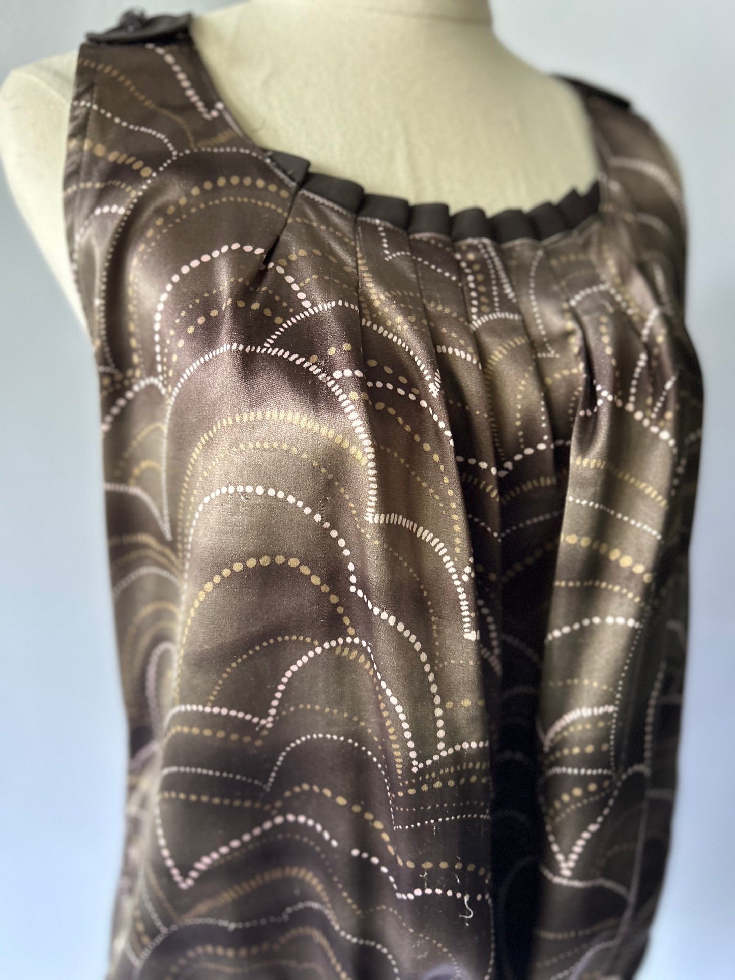 Max Vintage Satin Pleated Neck Drawstring Bubble Hem Top - Chocolate Brown - Size 12