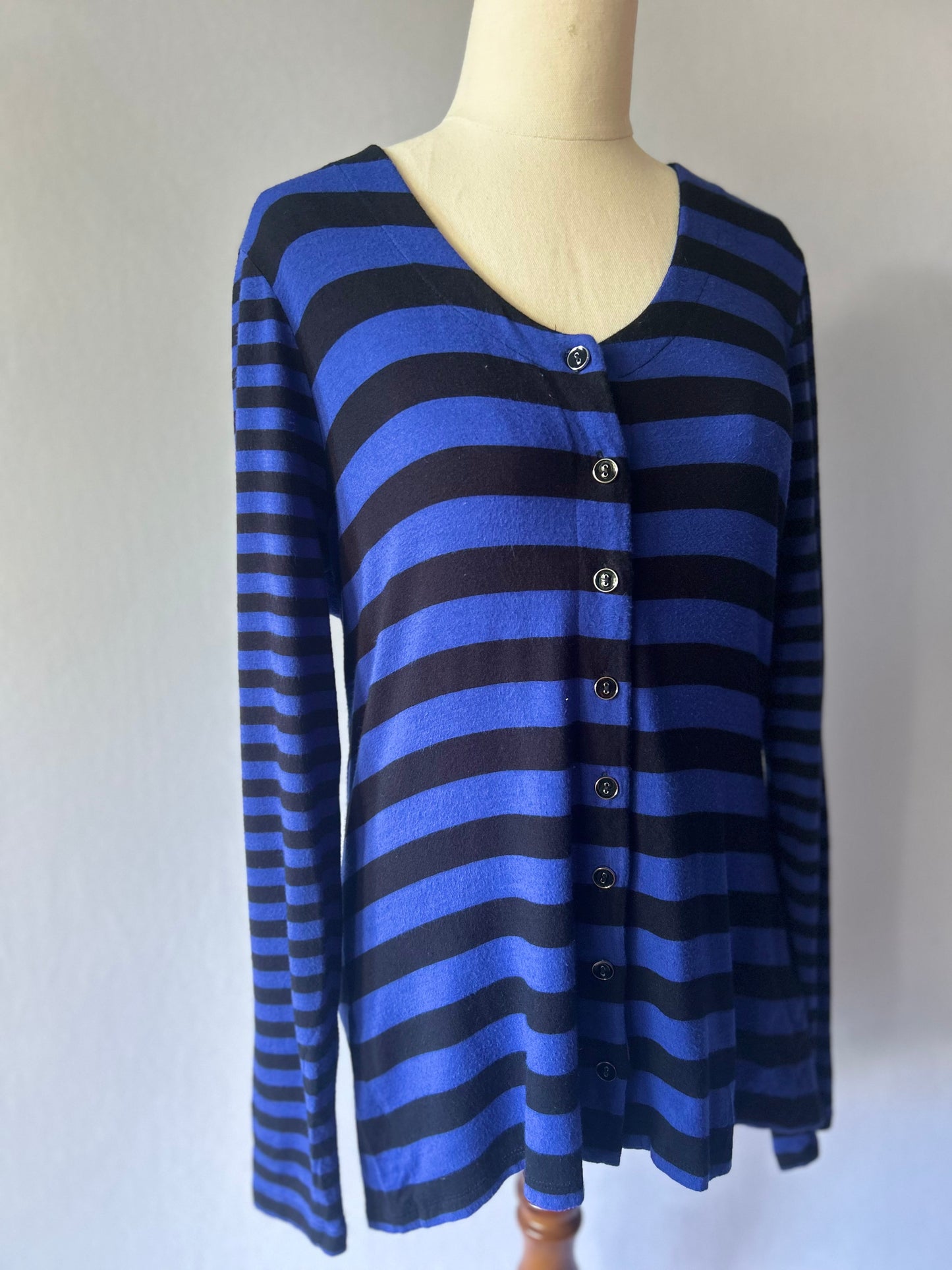 Striped Viscose Jersey Button-Up Long-Sleeve Top - Royal Blue & Black - Size Small