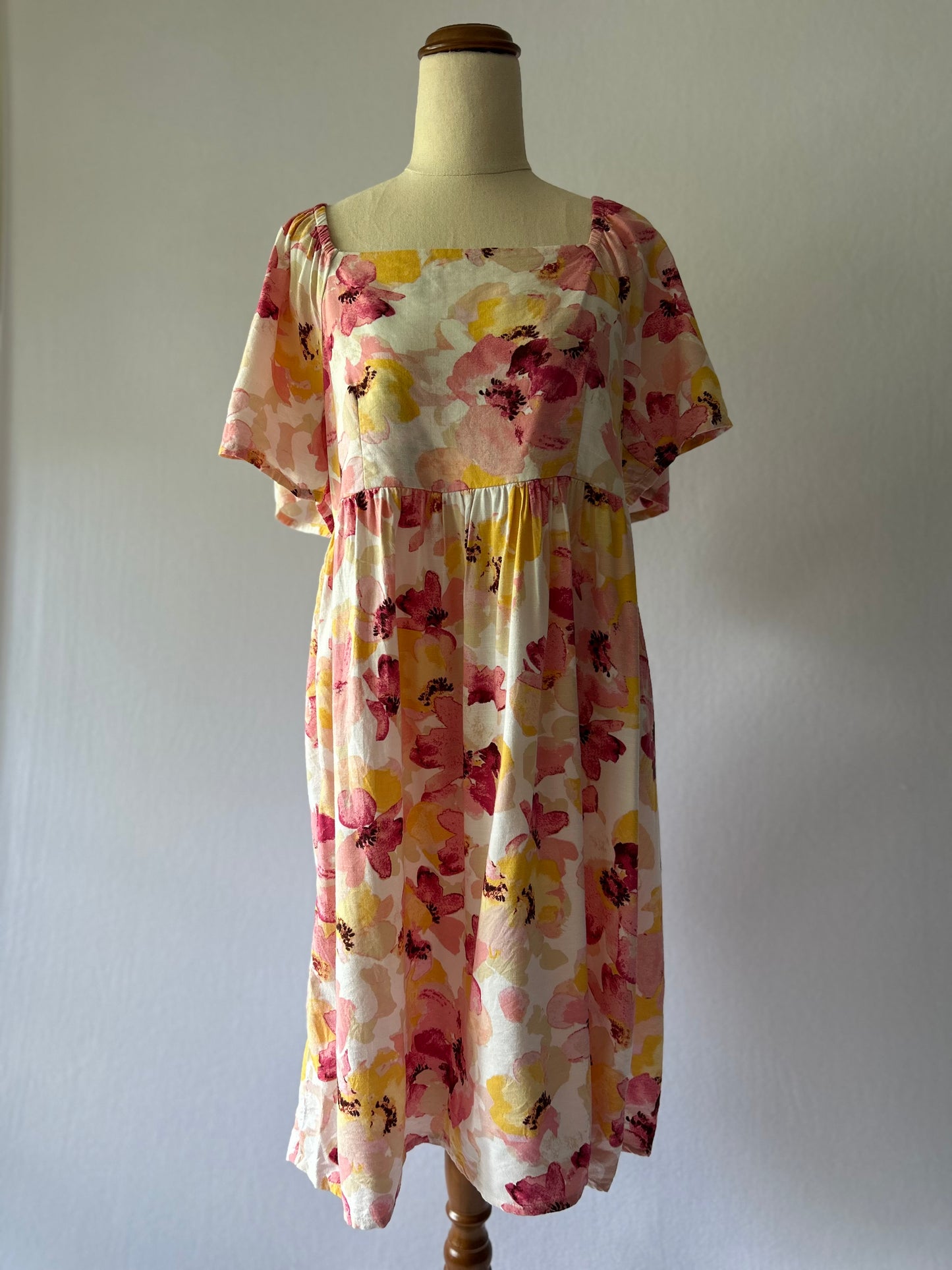 Size 12 | Flowy Floral Cotton Babydoll Dress | Pink Yellow Square Neck