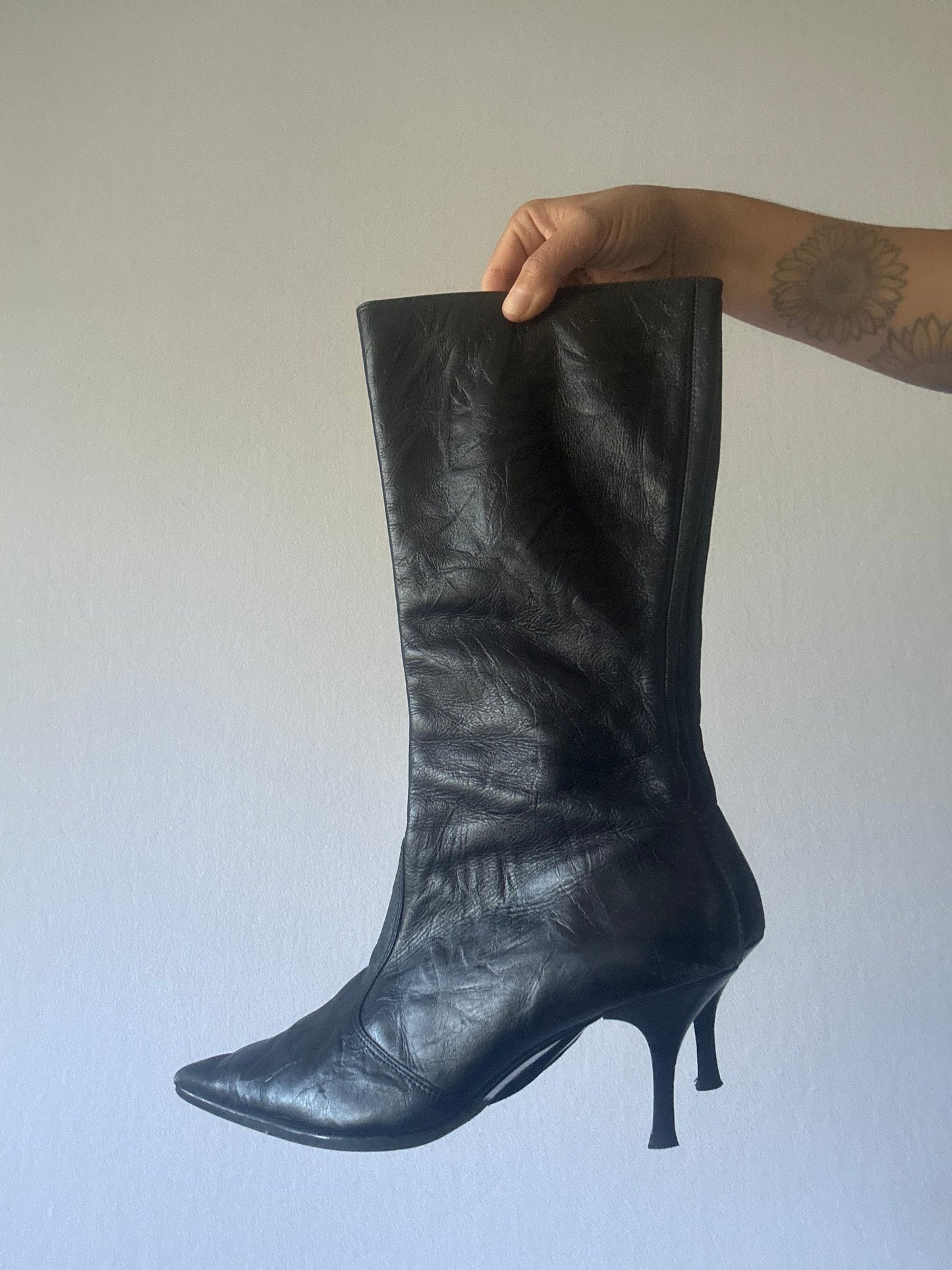 Vintage-Style Black Leather Pointed-Toe Ankle/Knee Boots - Size EUR 40