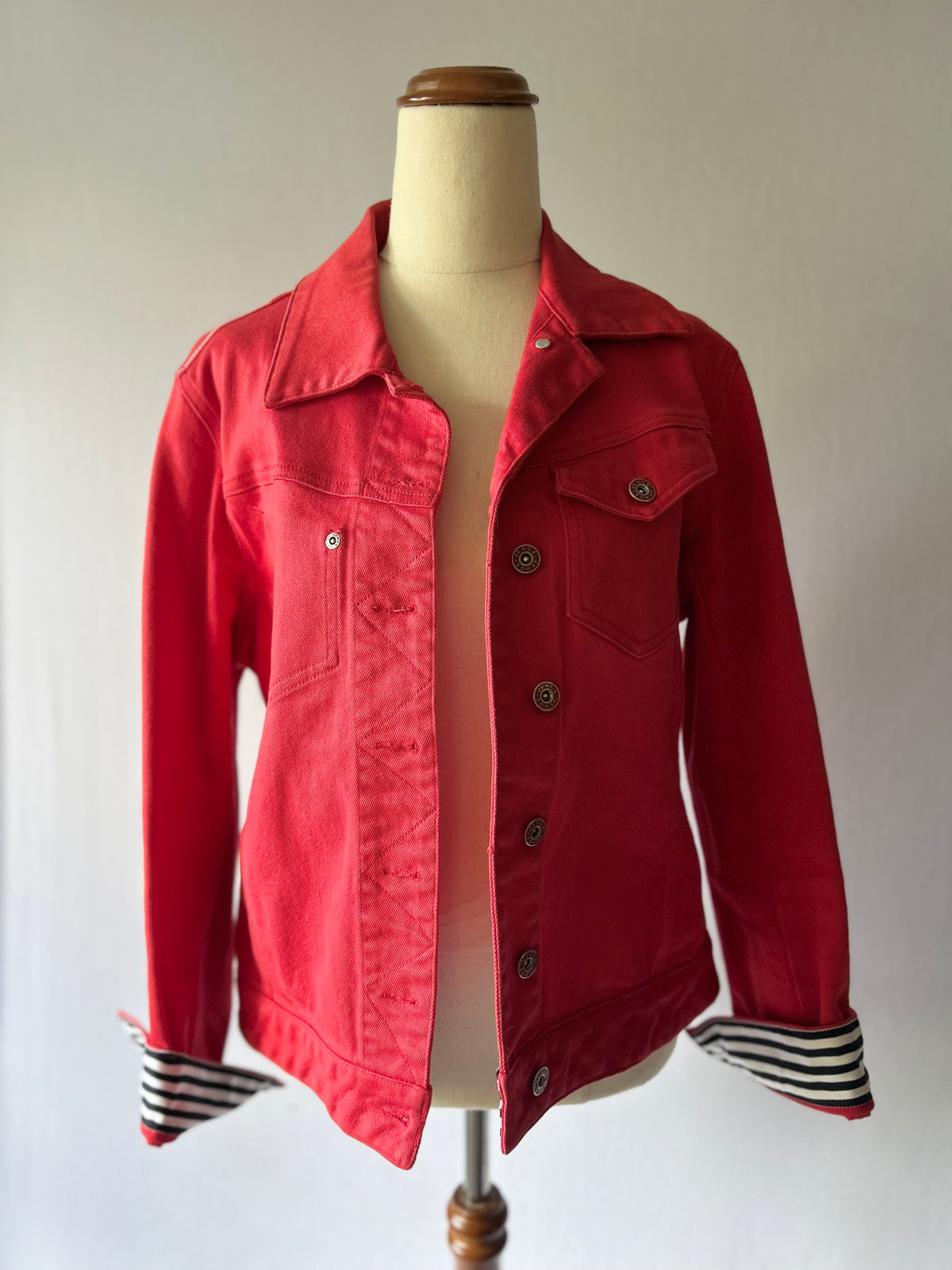 Verge Red Stretch Cotton Denim Style Jacket with Striped Cuffs - Size M