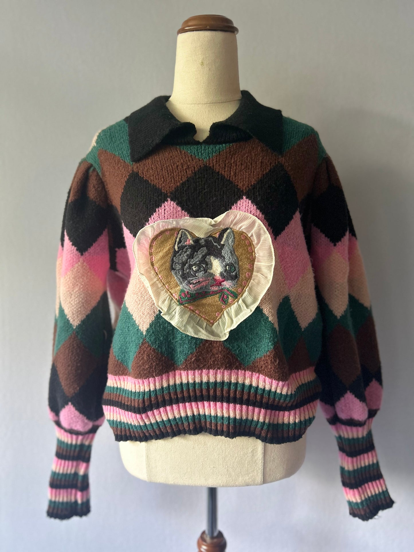 Vintage Argyle Knit Polo Sweater with Heart Cat Patch - Size Small