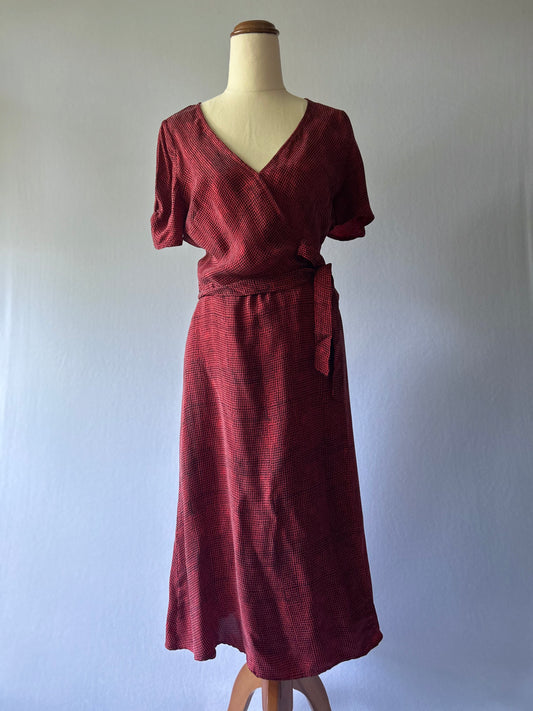 Kookai 100% Cupro Wrap Midi Dress - Textured Red & Black - Size 34