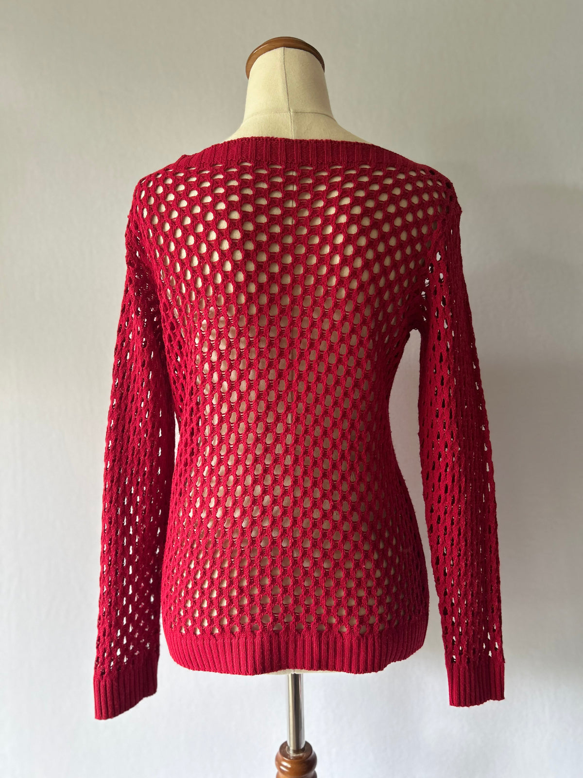 Red Cotton Open-Knit Long Sleeve Top – Size S/M