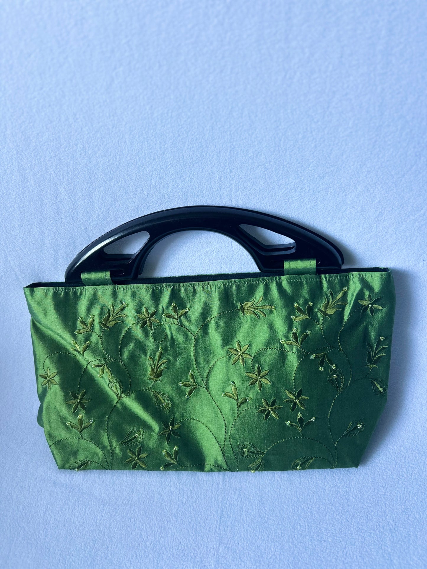 Green Silk Handbag with Embroidery and Acrylic Handle