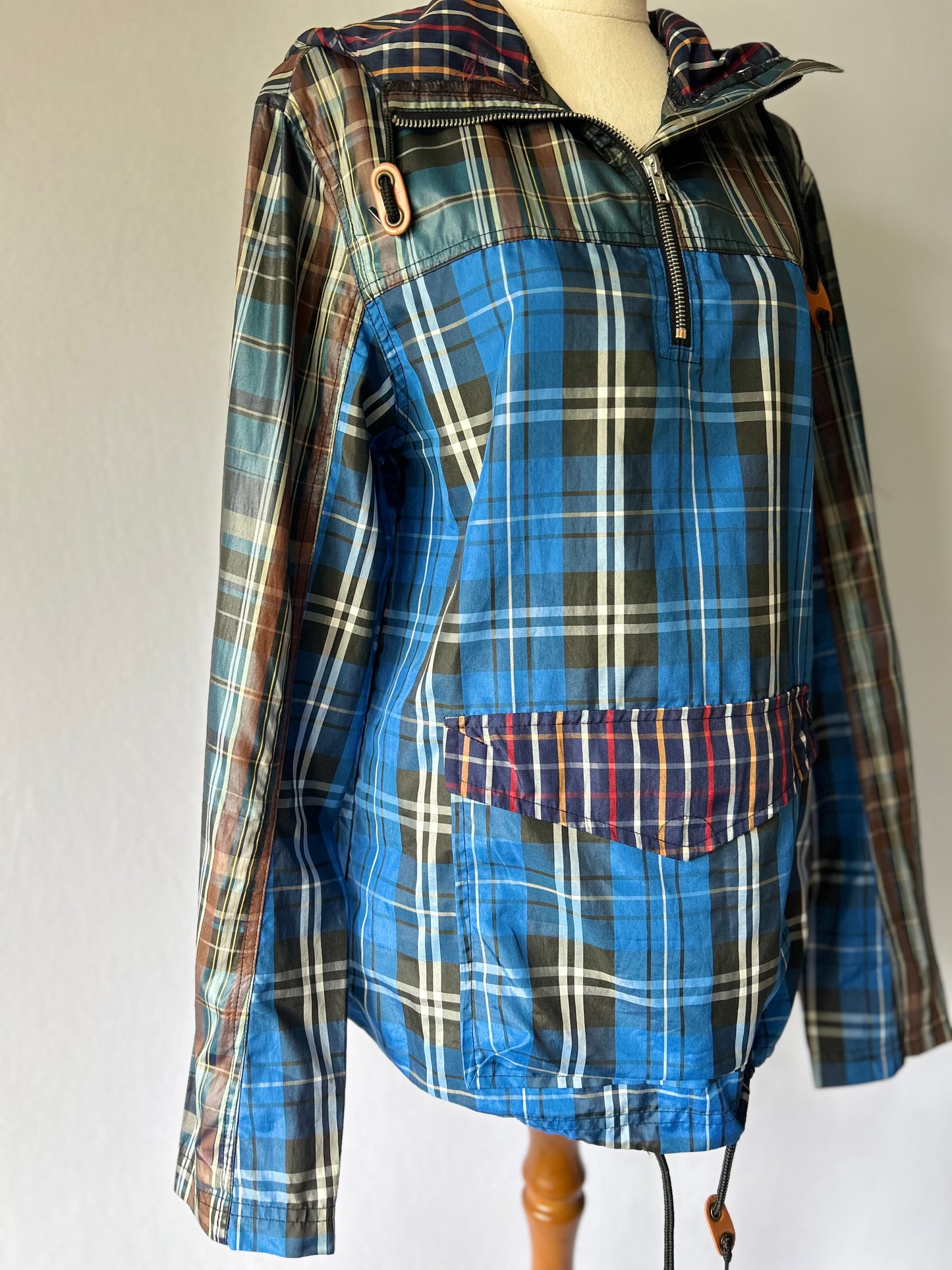 Blue Plaid Mixed Pattern Hooded Windbreaker - Size 2XS