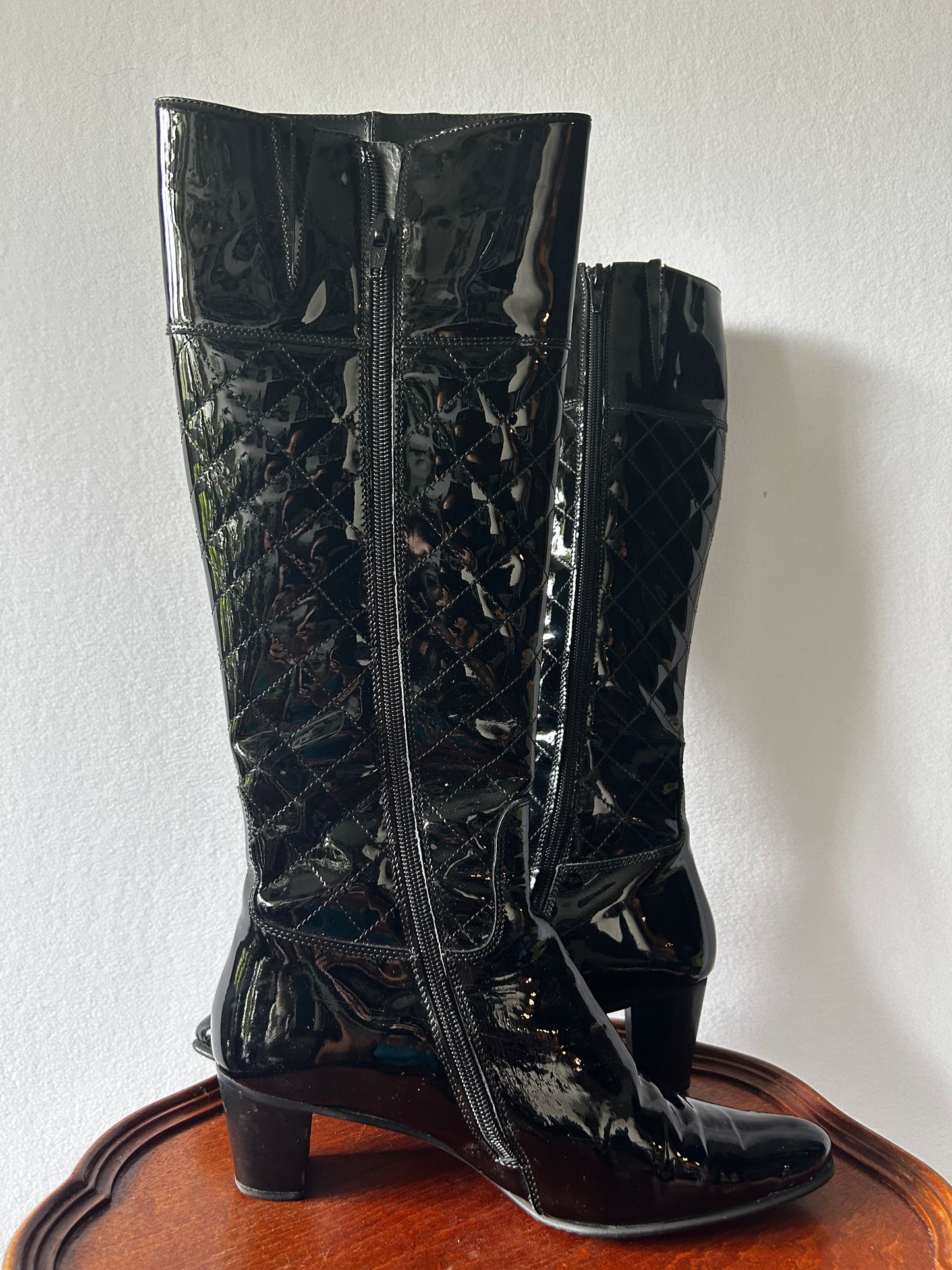 Italian-Made Quilted Patent Vinyl Knee-High Boots - Size 36