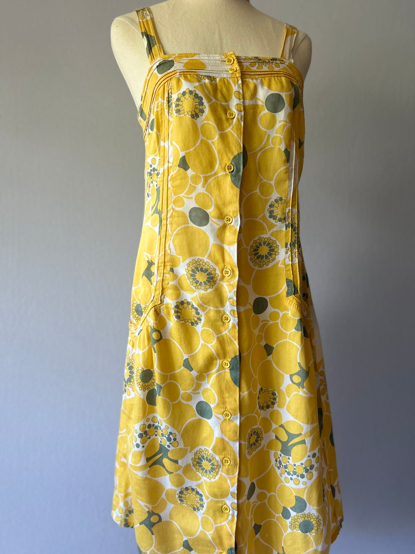 Size Small | Mod Yellow Floral Cotton Sundress | Button Front A-Line Dress