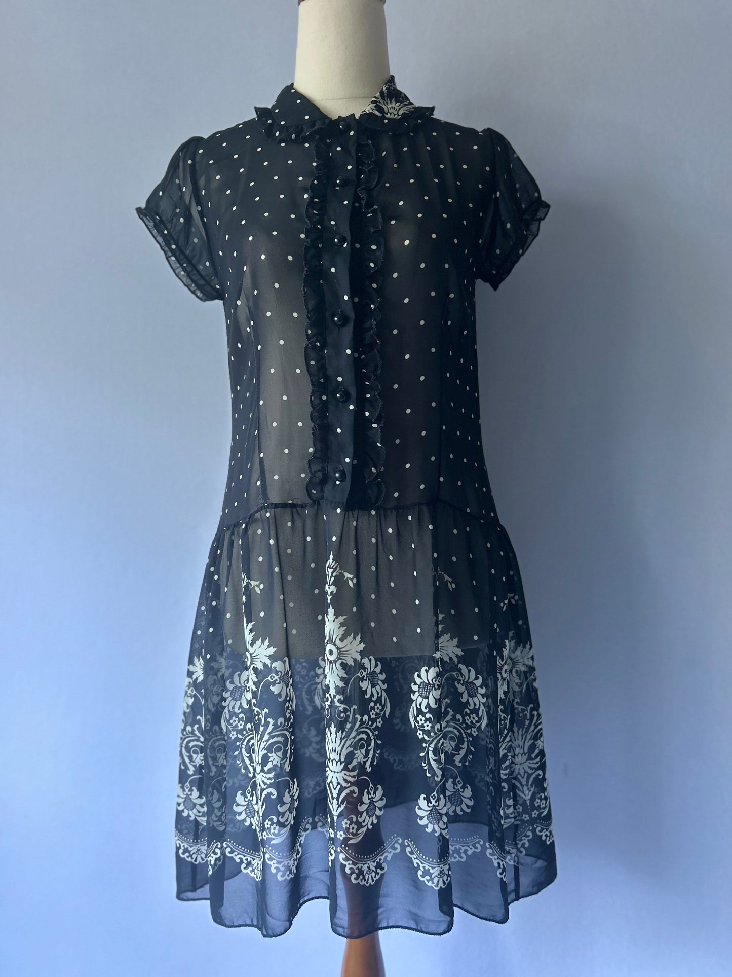 Polka Dot & Baroque Border Print Sheer Mini Dress - Size S
