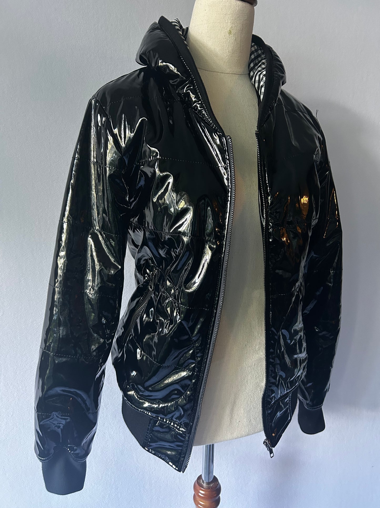 High-Shine Patent Leather-Look Puffer Bomber Jacket - Size M
