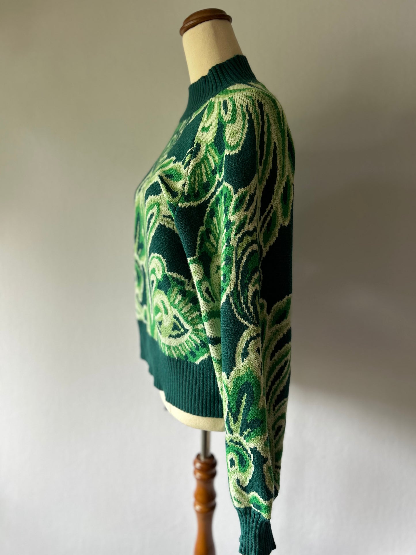 Retro Paisley Jacquard Knit Sweater in Forest Green - Size M