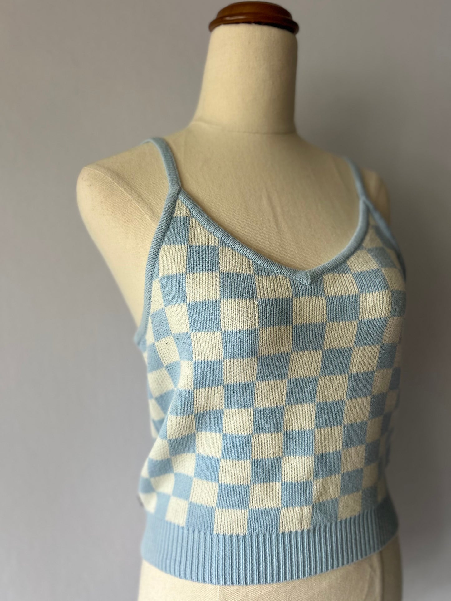 Size 10 | Blue Checkered Knit Tank Top – 100% Cotton