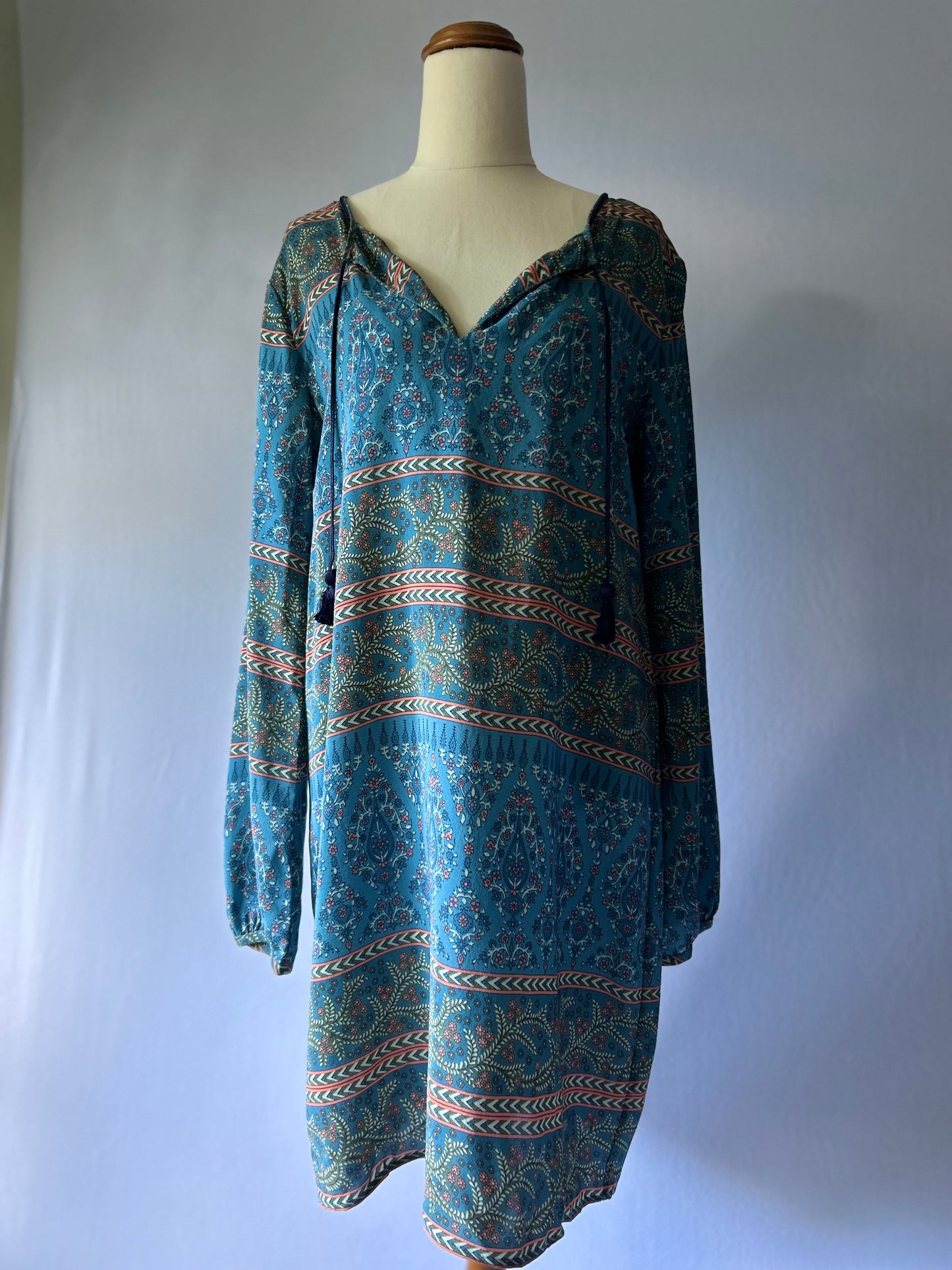Bohemian Silk Tunic Dress – Blue Paisley Print, Size Small