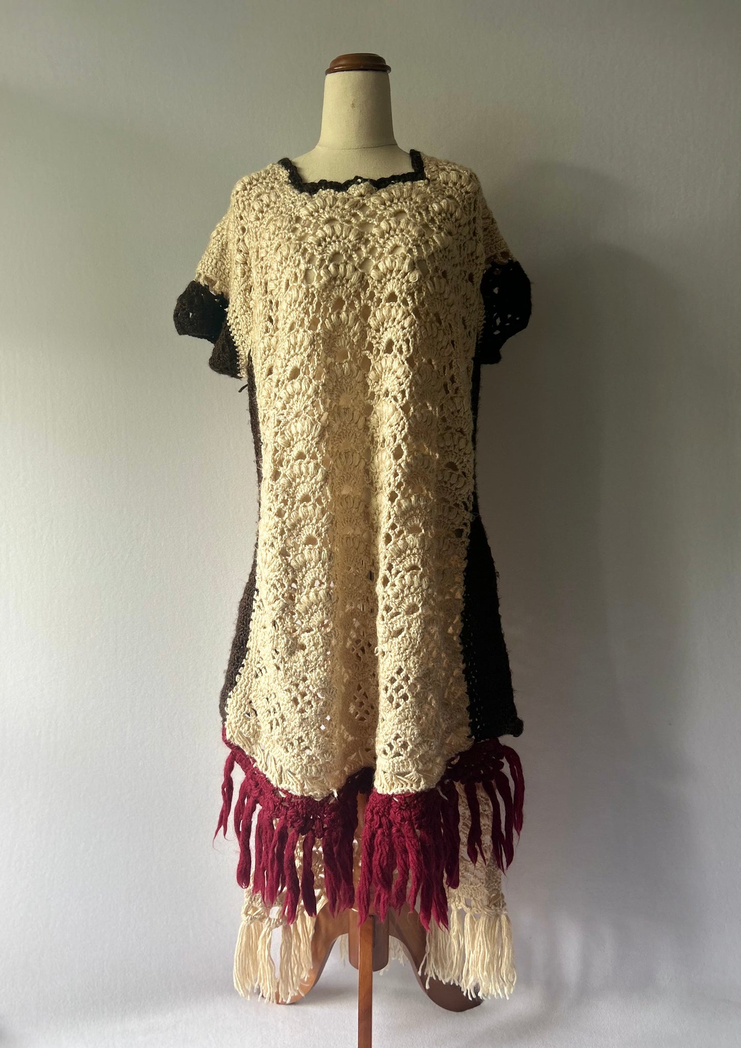 Artisanal Color-Block Crochet Fringed Poncho Tunic - One Size
