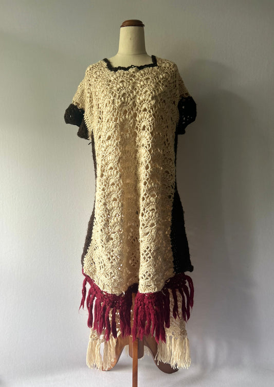 Artisanal Color-Block Crochet Fringed Poncho Tunic - One Size