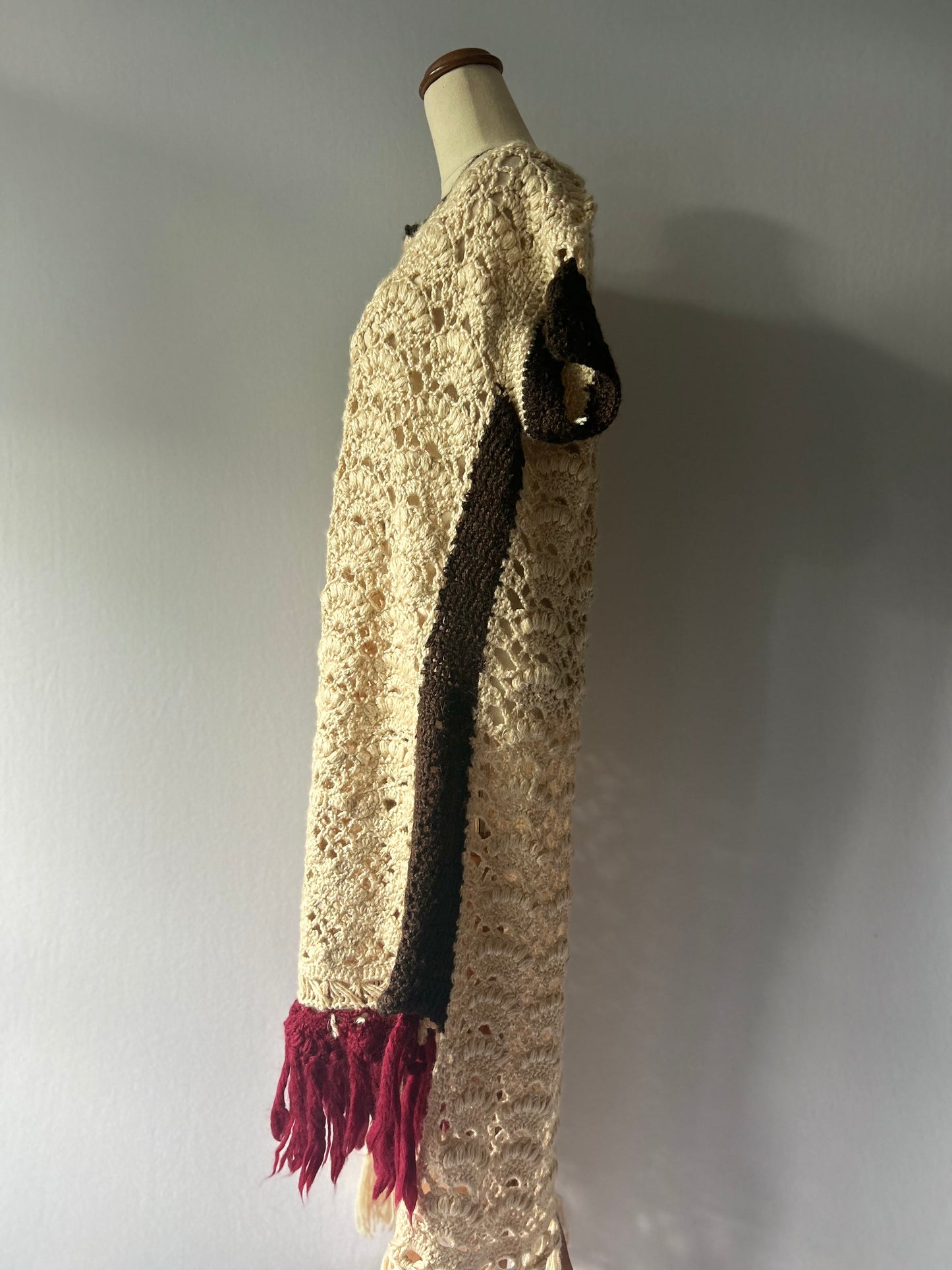 Artisanal Color-Block Crochet Fringed Poncho Tunic - One Size