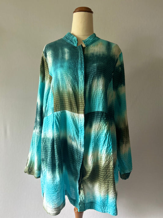 Turquoise Shibori Tie-Dye Crinkle Cotton Tunic Shirt - Size 16