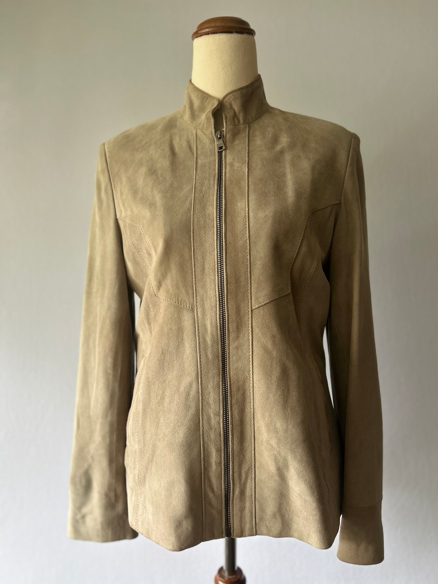 Soft Sand Genuine Suede Leather Zip-Front Jacket – Size 42