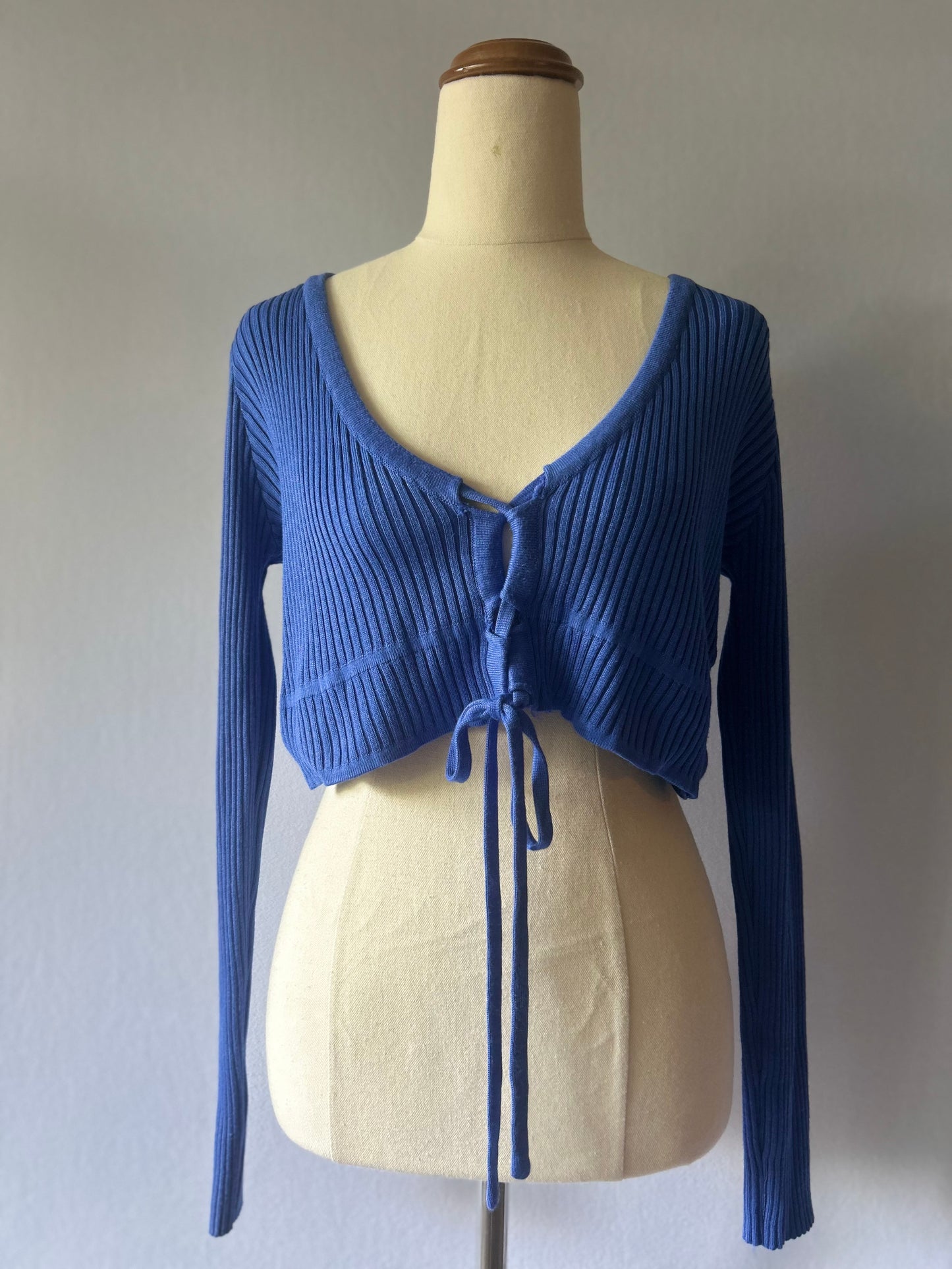Cornflower Blue Ribbed Tie-Front Cropped Cardigan - Size L