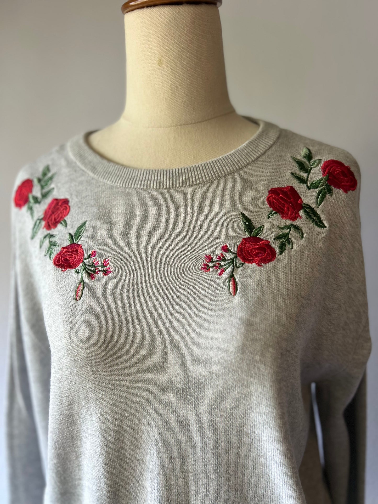 Rose Embroidered Fine-Knit Cotton Jumper - Heather Grey - Size Small
