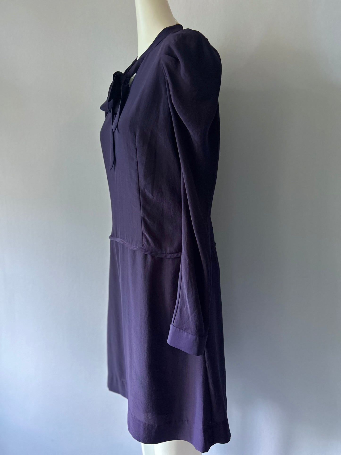 Made in NZ Deep Plum Pussy-Bow Mini Dress - Size 10