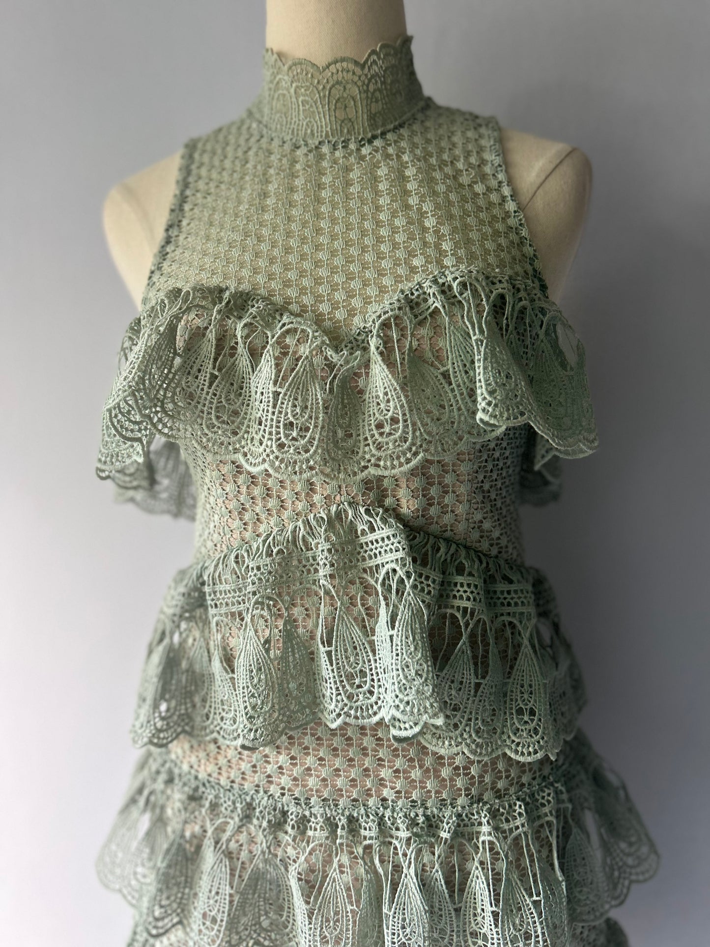Seed Heritage Tiered Lace Mini Dress - Sage Green - Size 6