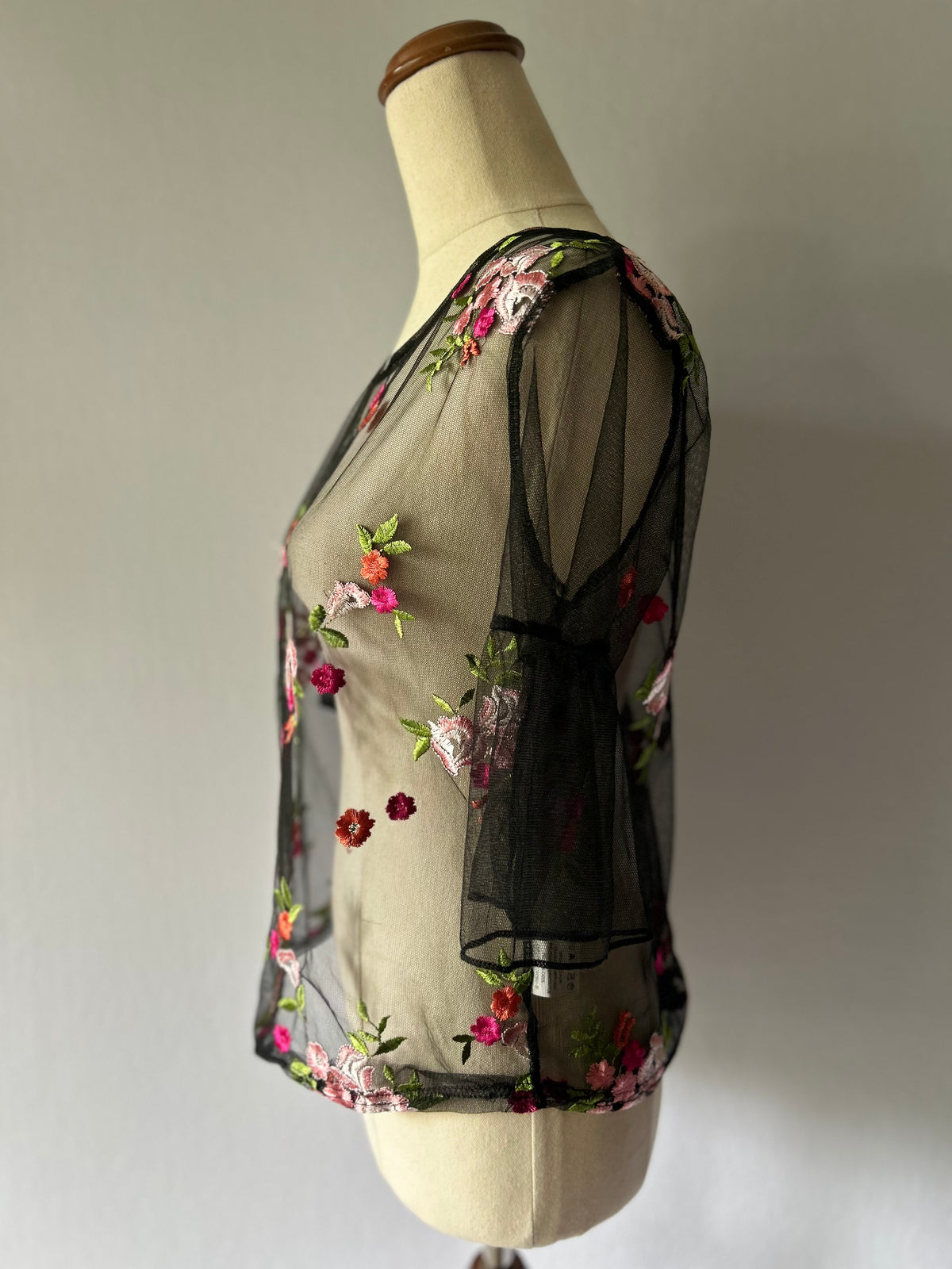 Black Floral Embroidered Mesh Top – Size S/M