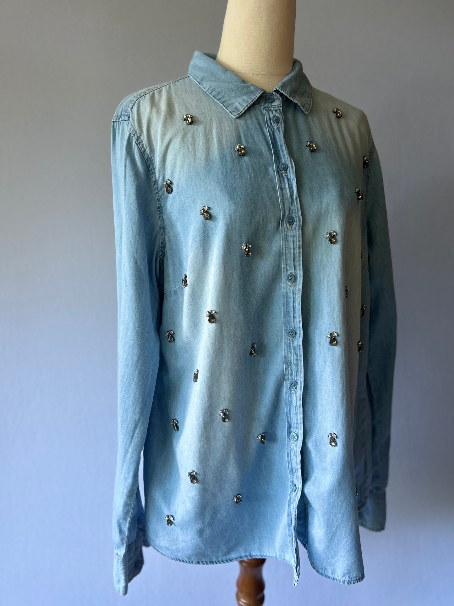 Embellished Ombré Denim Shirt - Light Wash Cotton - Size 12