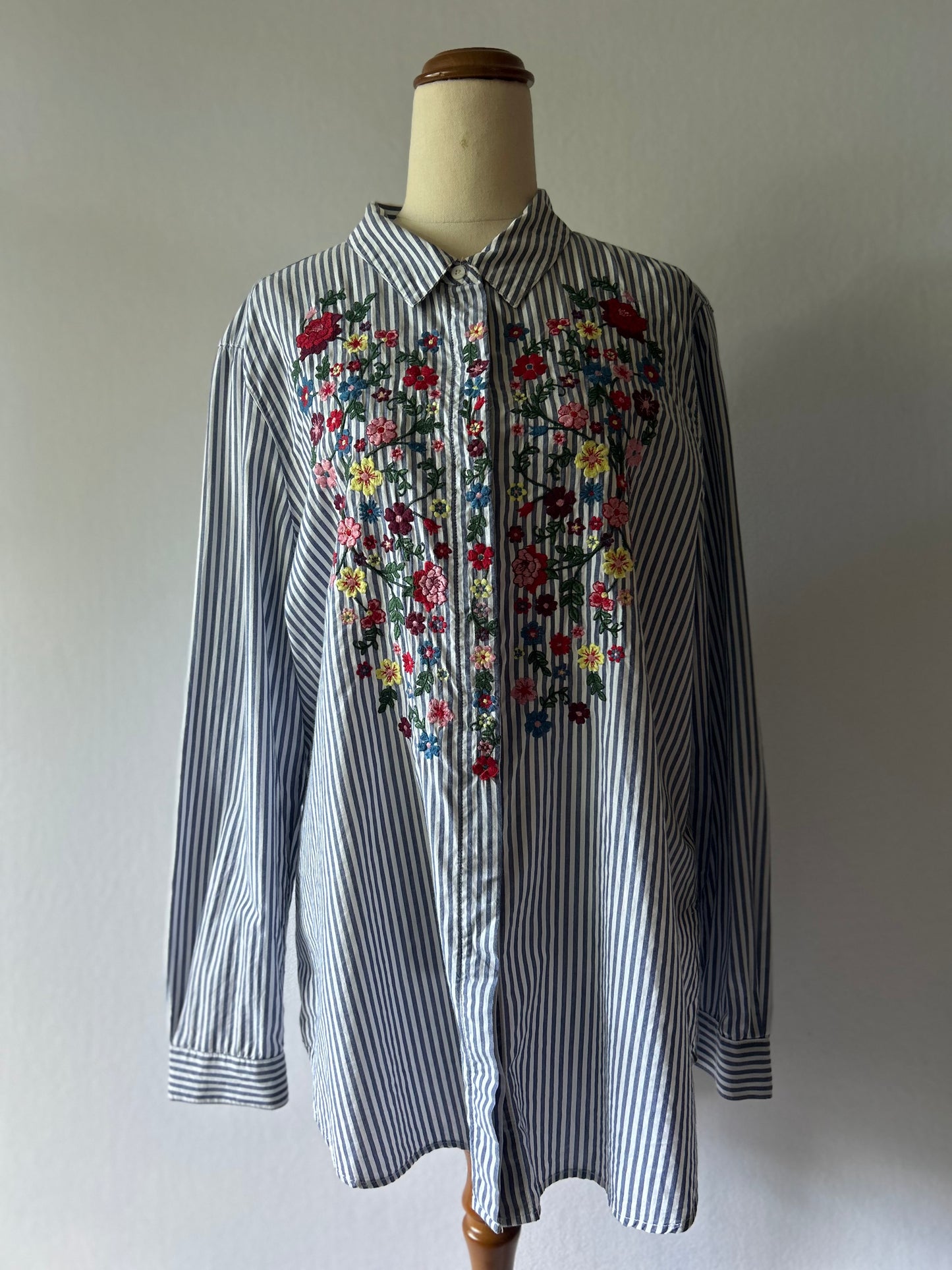 Just Jeans 100% Cotton Stripe Button-Down | Heart Floral Embroidery | Size 14