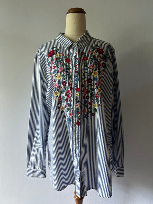 Just Jeans 100% Cotton Stripe Button-Down | Heart Floral Embroidery | Size 14