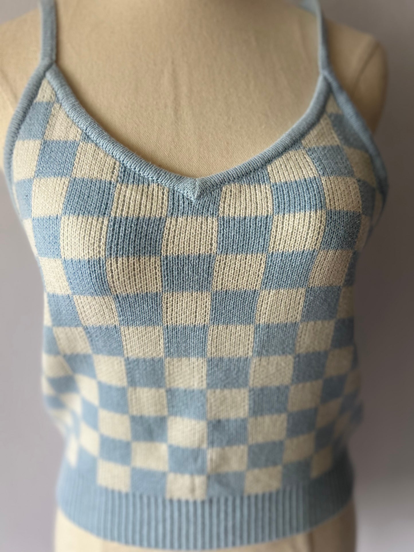 Size 10 | Blue Checkered Knit Tank Top – 100% Cotton
