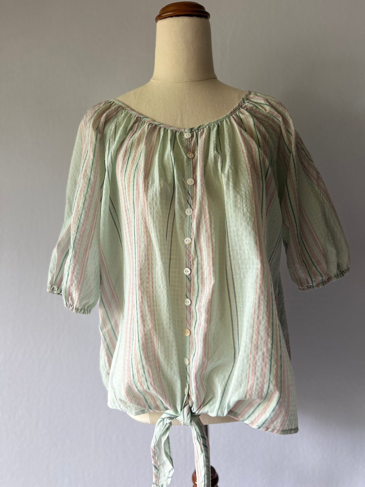 Striped Pastel Button-Up Blouse Size 10 – Cotton Blend