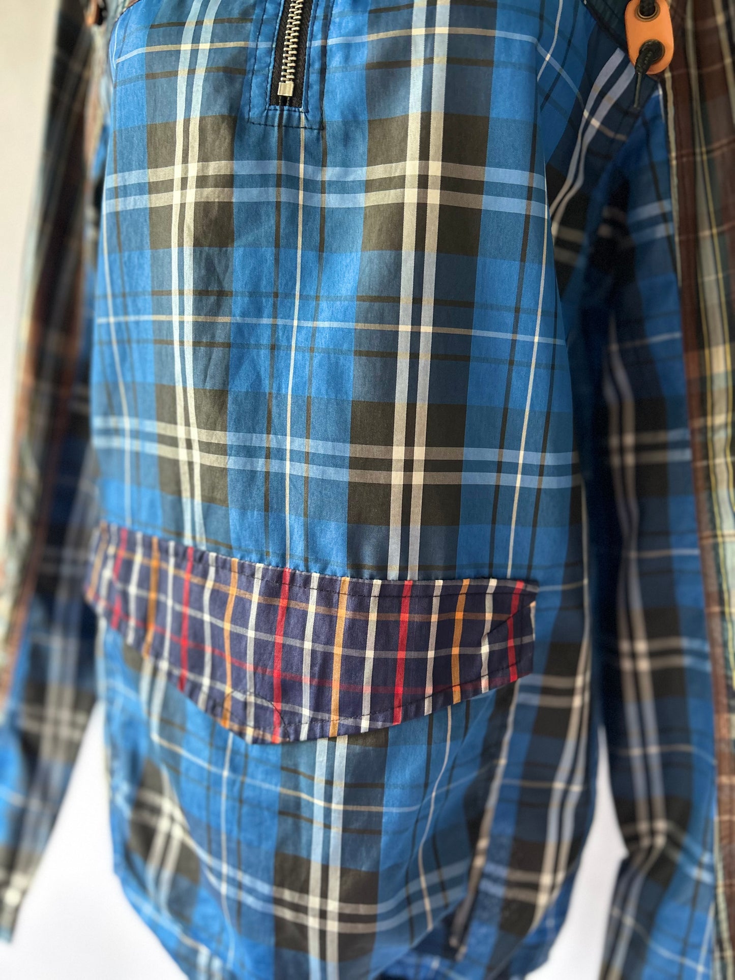 Blue Plaid Mixed Pattern Hooded Windbreaker - Size 2XS