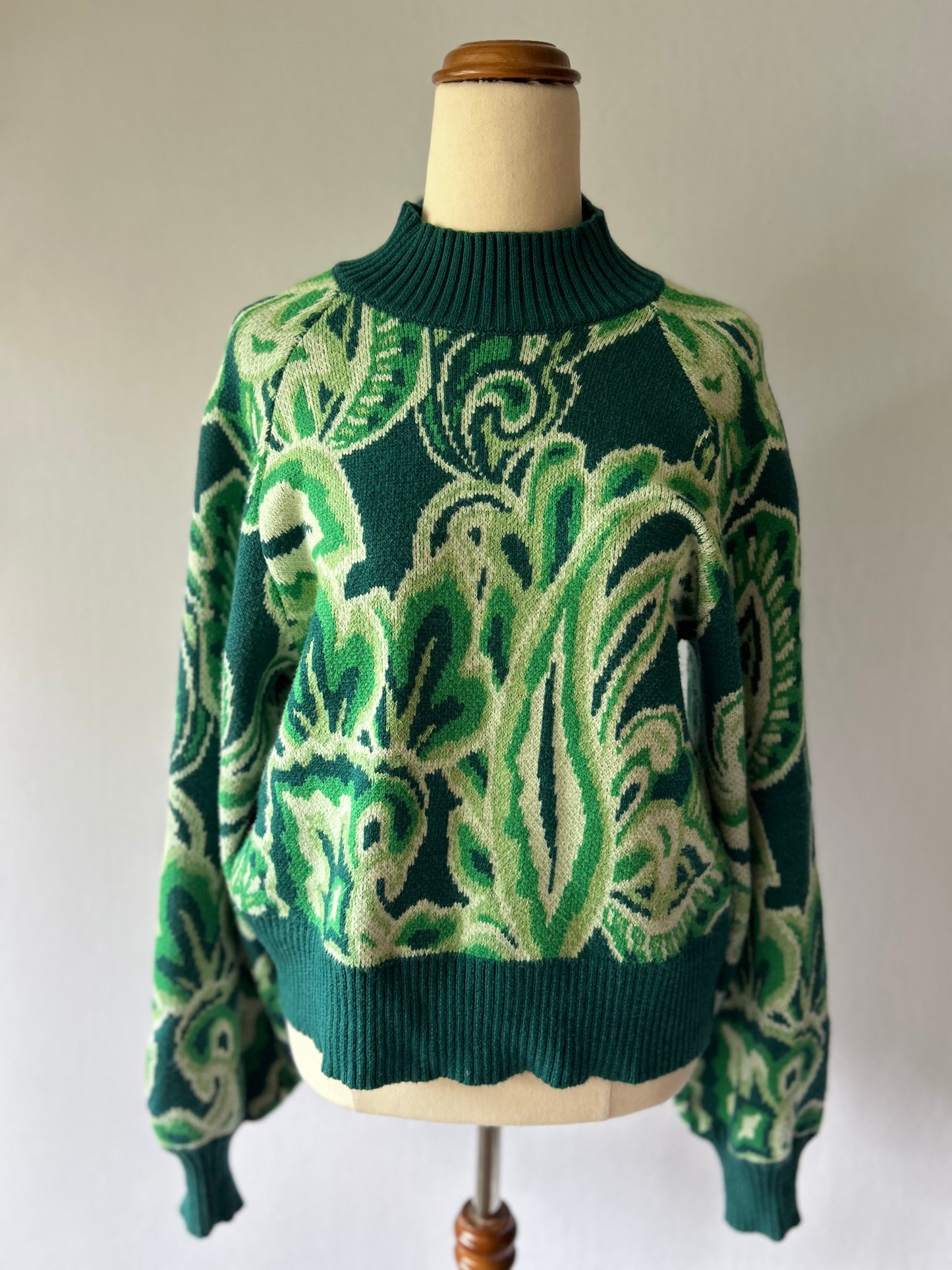 Retro Paisley Jacquard Knit Sweater in Forest Green - Size M