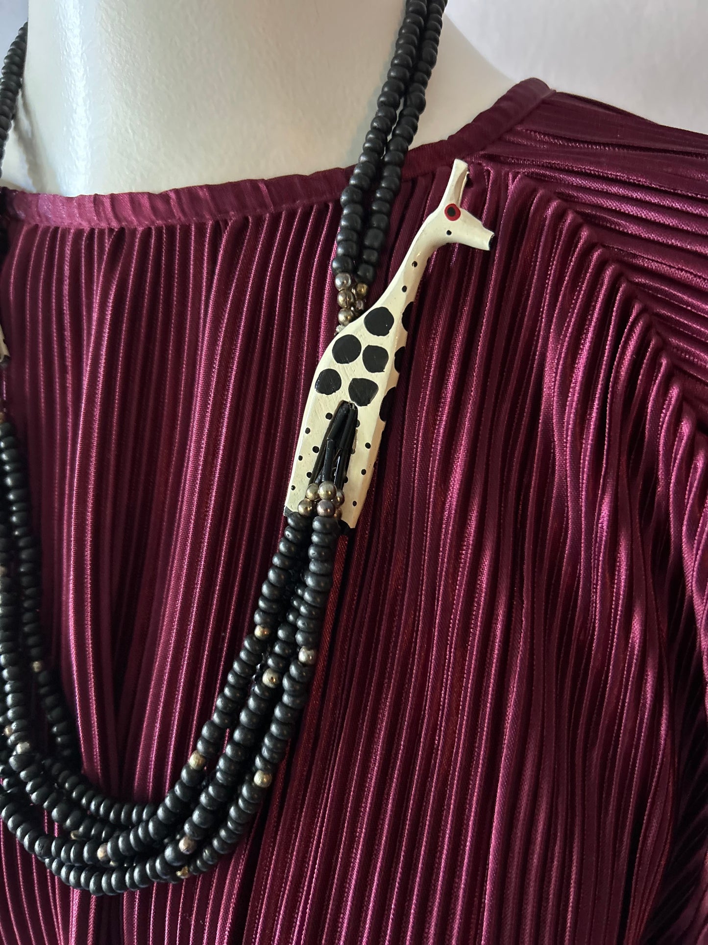 Vintage Multi-Strand Wooden Bead Statement Necklace with Carved Giraffes