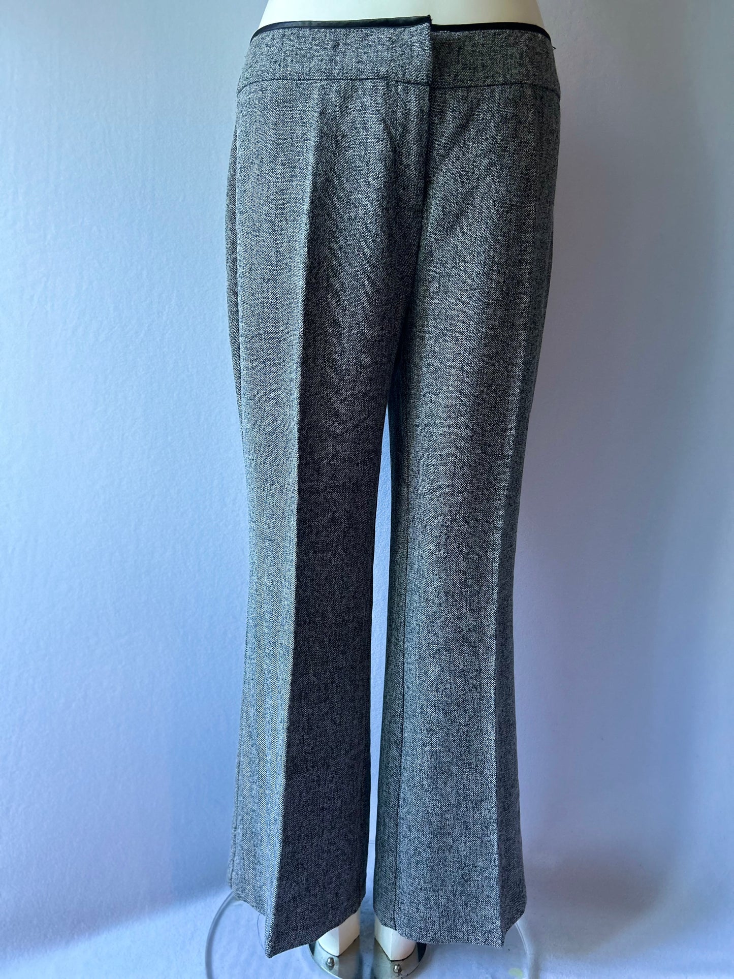 Monochrome Tweed-Look Tailored Trousers with Faux-Leather Trim - Size 12