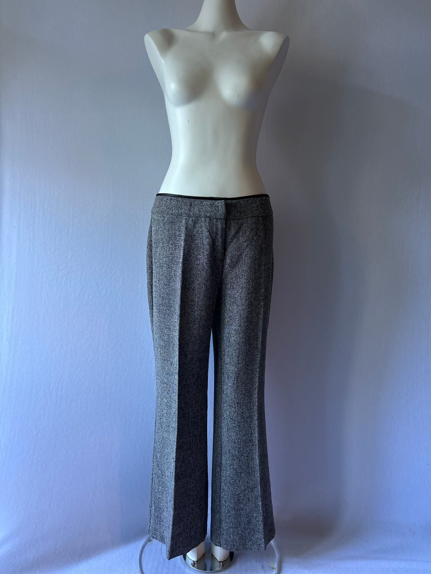Monochrome Tweed-Look Tailored Trousers with Faux-Leather Trim - Size 12