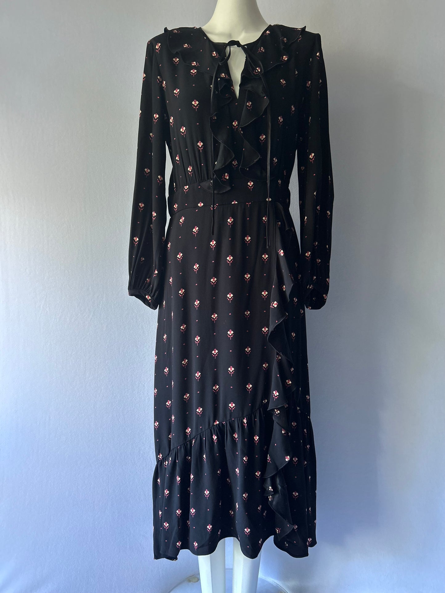 Cue Black Floral Ruffle Midi Dress - Size 10