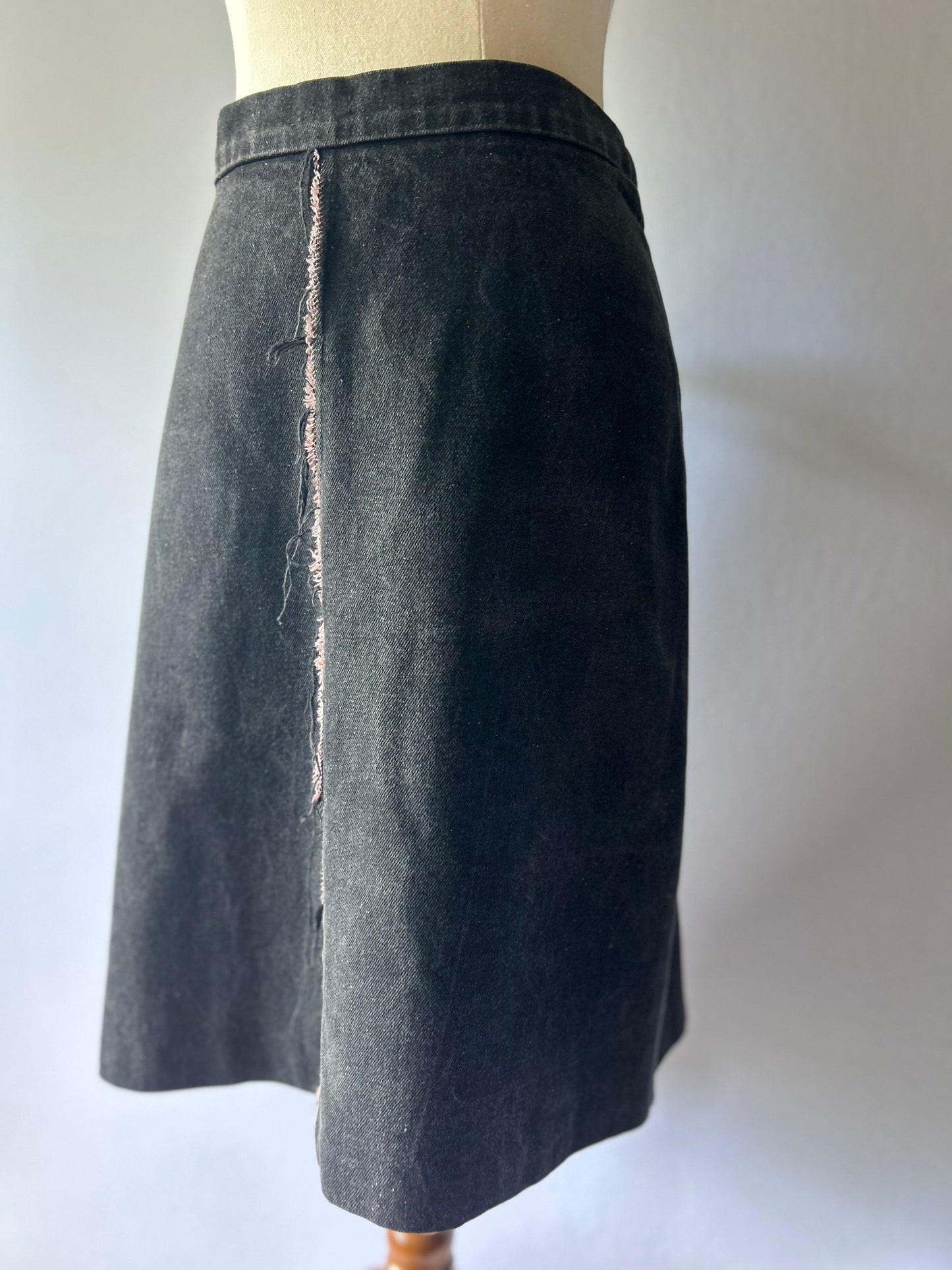 Ricochet Black Denim A-Line Skirt - Size 12 | 100% Cotton with Raw Edge Detail