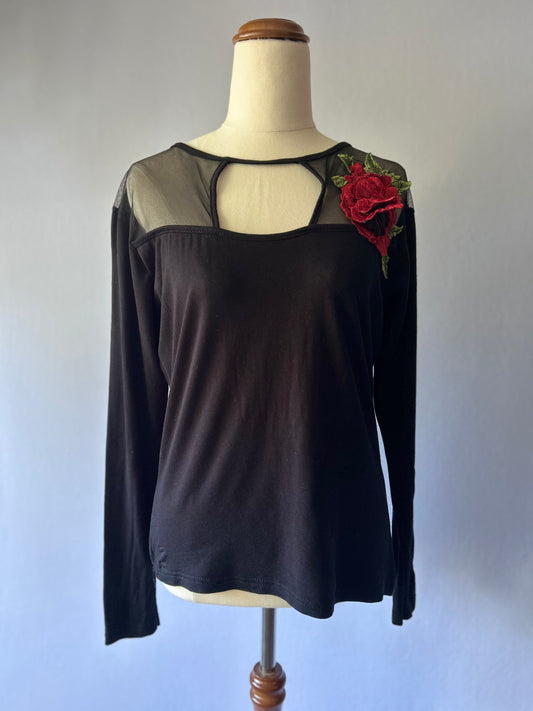 Black Long-Sleeve Mesh Panel Top with 3D Rose Appliqué - Size M/L