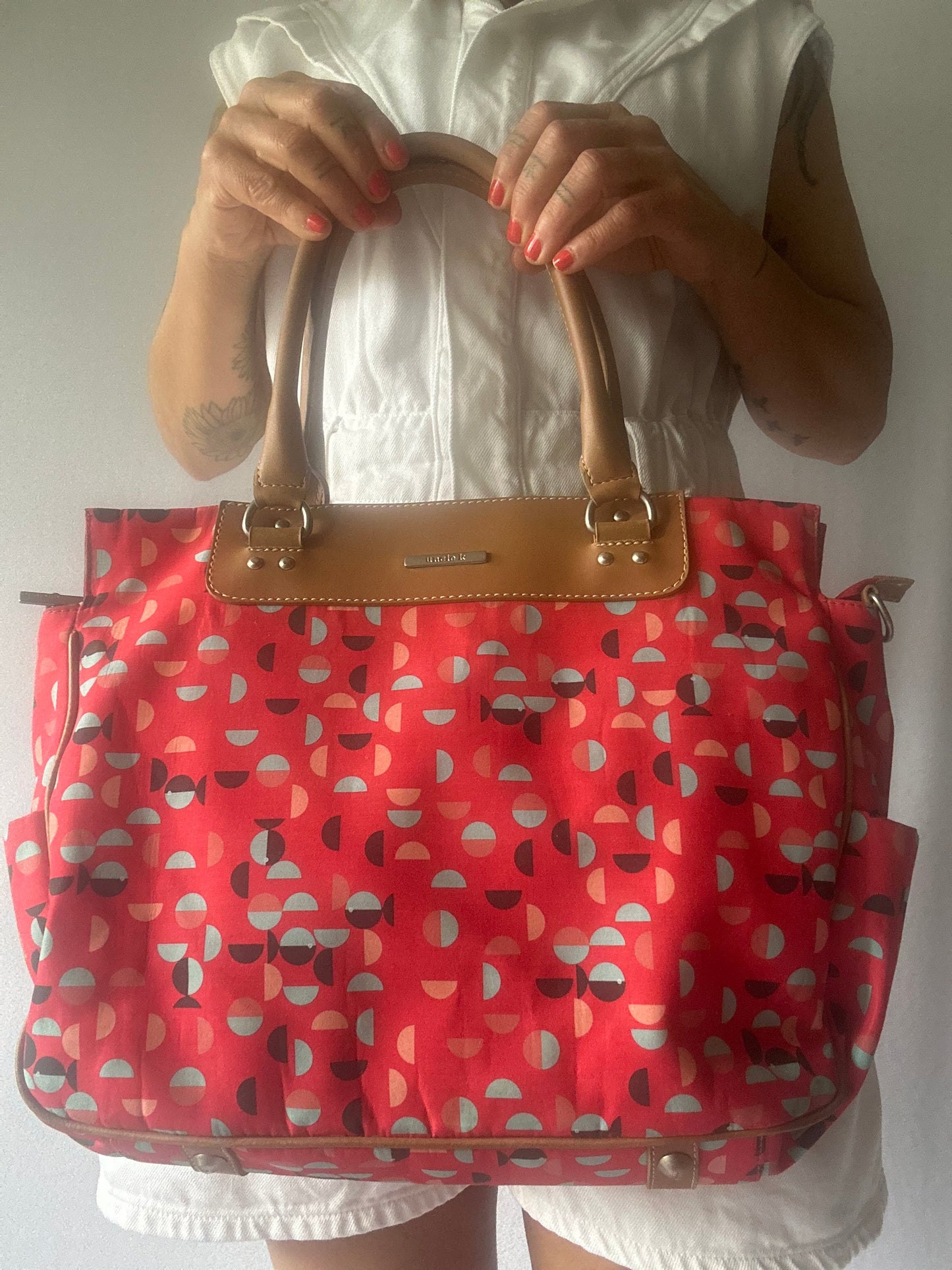 Practical Red Patterned Tote Bag with Tan Handles