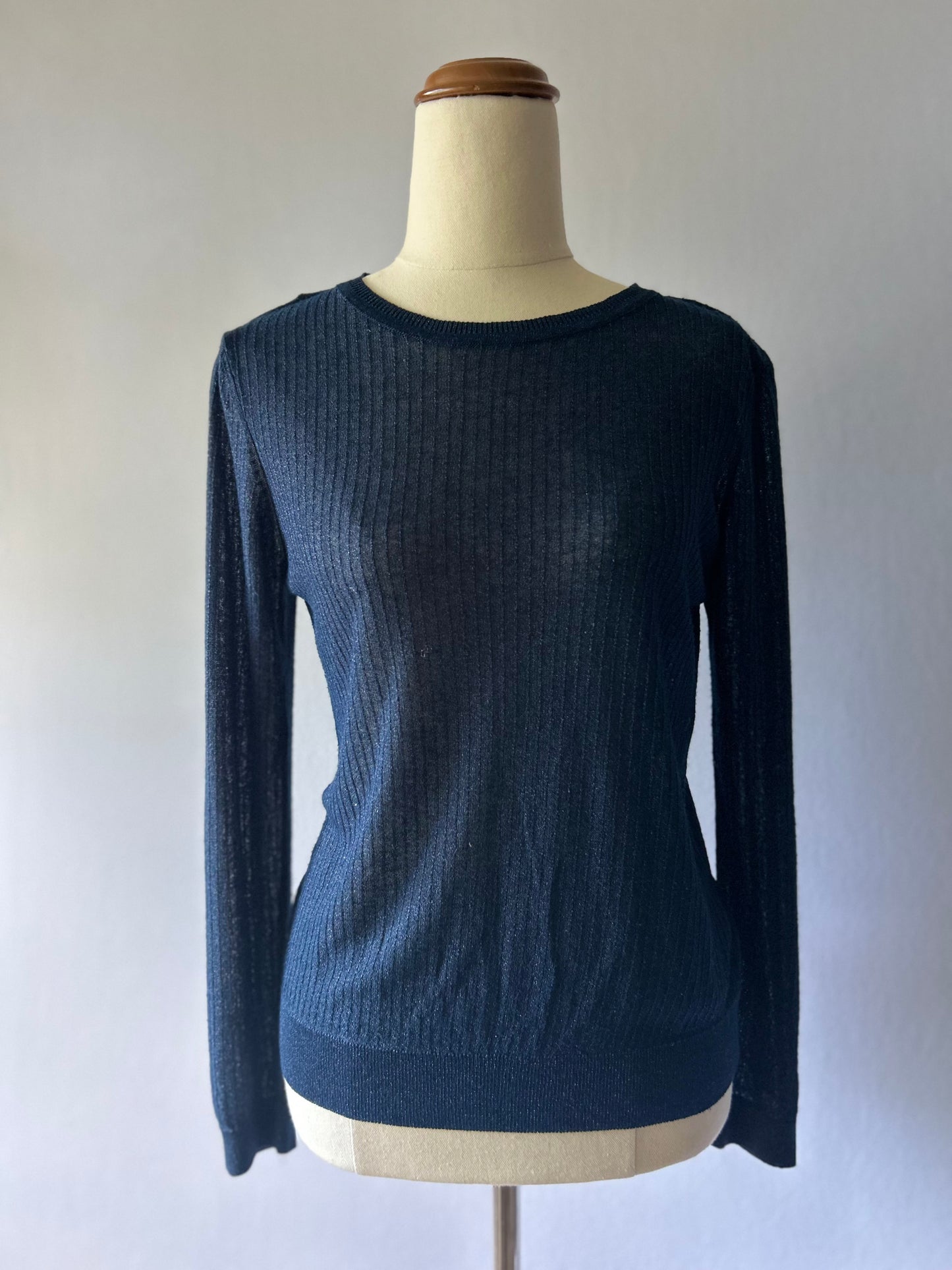 Zara Navy Metallic Ribbed Long Sleeve Top - Size M