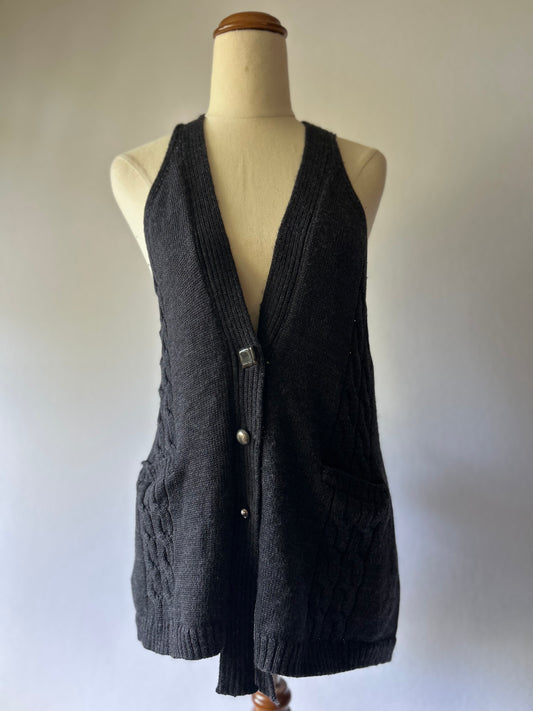 Verge 100% Merino Wool Cable-Knit Longline Vest - Charcoal Grey - Size XL