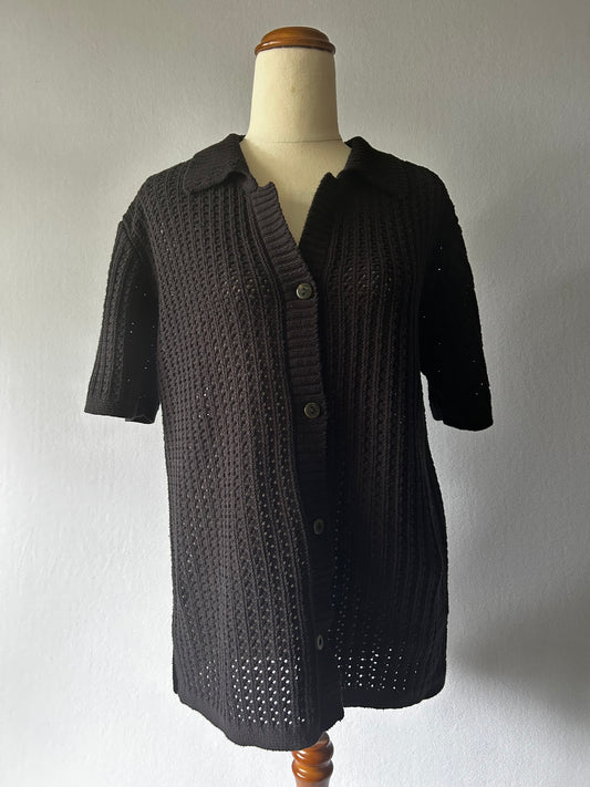 Minimalist Black Open-Knit Cotton Short-Sleeve Polo Cardigan - Size Large
